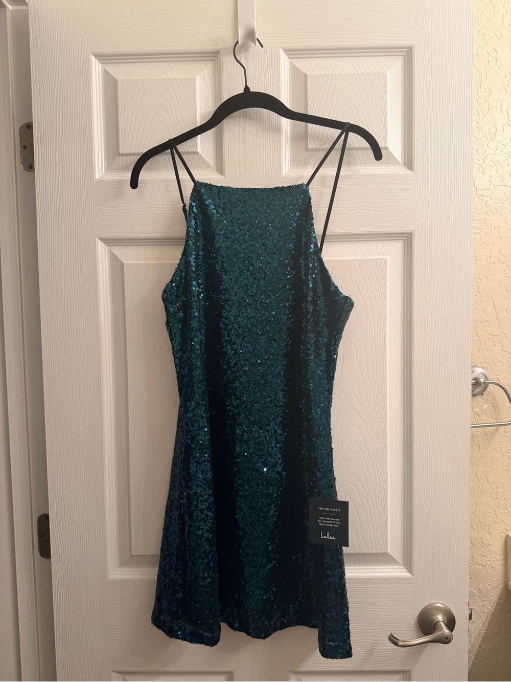 Lulu's Teal Sequin Mini Dress with Spaghetti Straps
